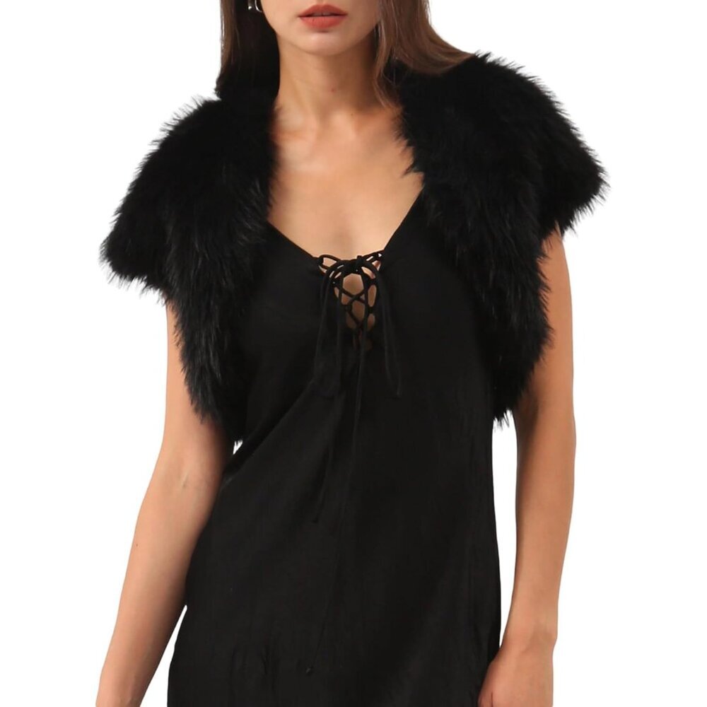 Chic Black Faux Fur Bolero Shrug Crop Cardigan for Elegant Evening Dresses